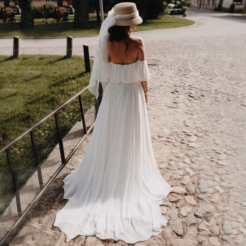 Fanweimei  Summer Boho Chiffon Slit Wedding Dress 2021 Sexy Sweetheart Sweep Train Off the Shoulder Backless Bridal Gowns