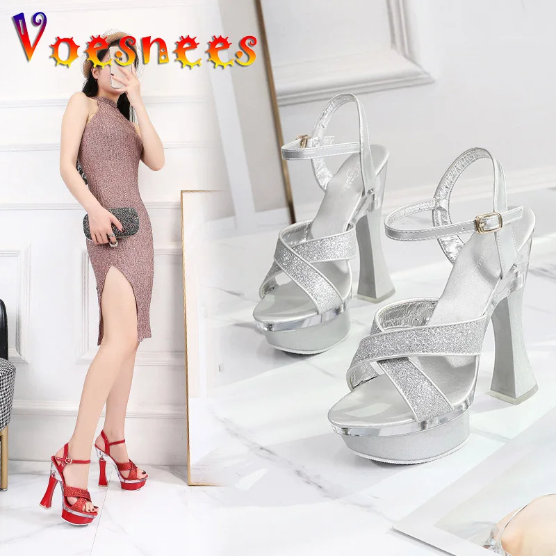 Women Buckle Strap Sandals Platform Sexy High Heel 14.5CM Wedding Shoes Cross Hollow Out Vamp Model Stage Show Shoes 2021 Summer