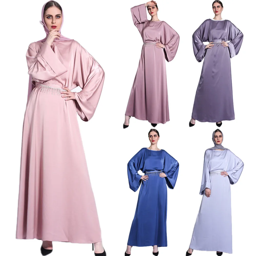 Elegant Women Solid Color Satin Long Dress Kaftan Arabic Abaya Turkey Middle East Muslim Islamic Rhinestone Belt Middle East New