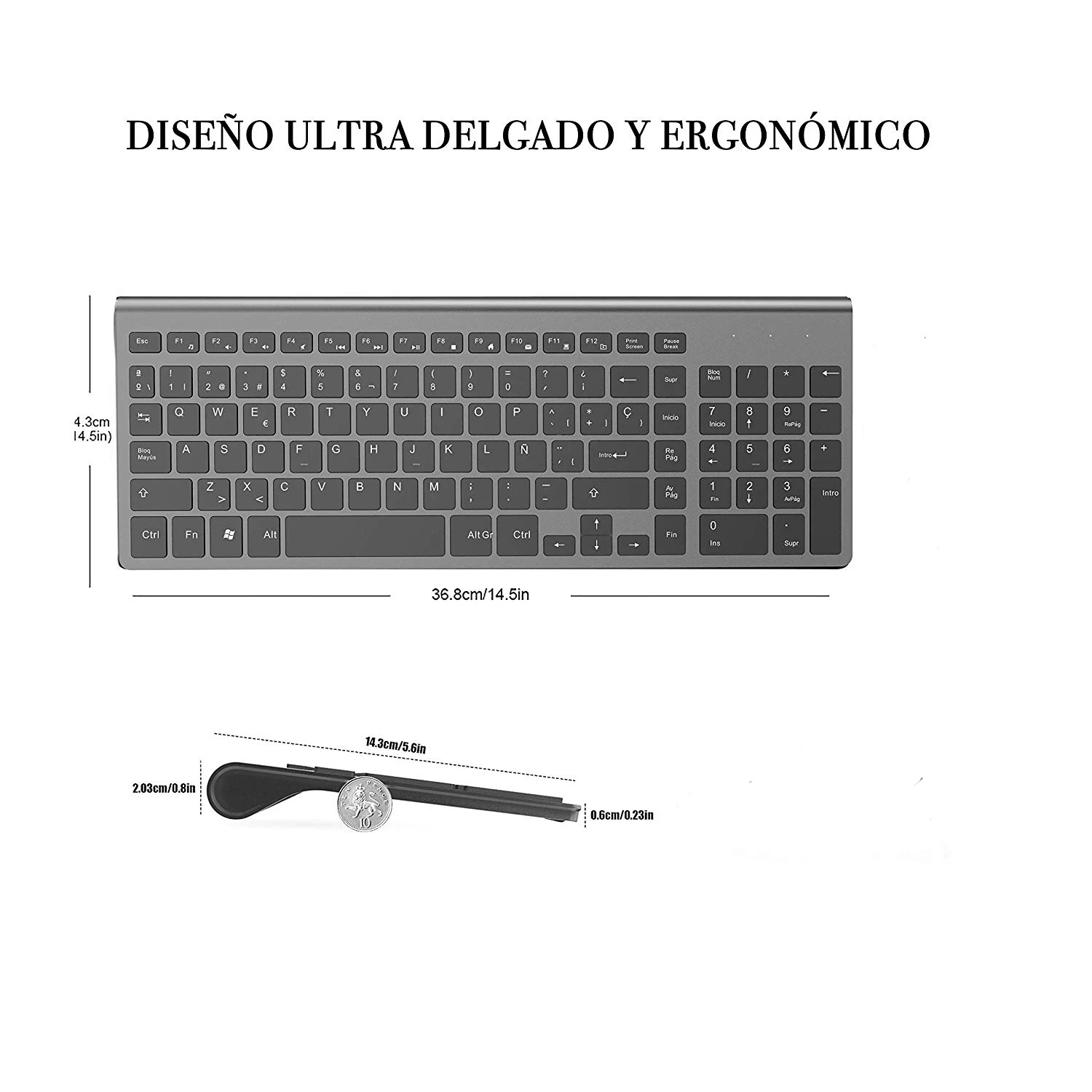 Teclado sem fio, 2.4G fino e compacto, com teclas numéricas, layout espanhol, adequado para IMac/Mac, MacBook, laptop (preto e cinza)