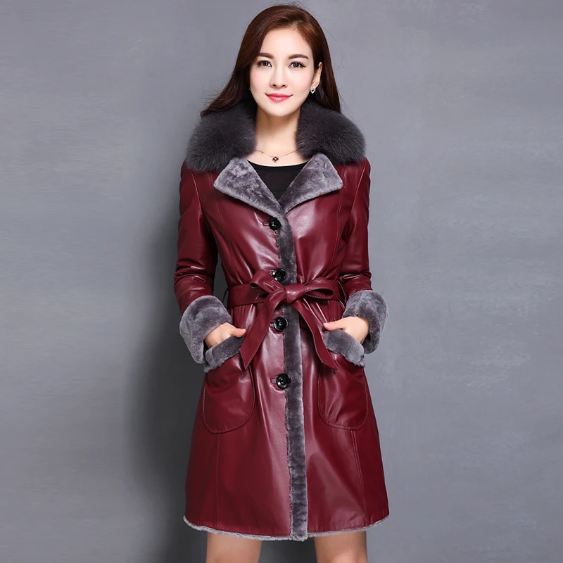 2020 Winter Genuine Leather Jacket Women Long Sheepskin Coat Natural Wool Fur Shearling Jacket Fox Fur Collar 3906