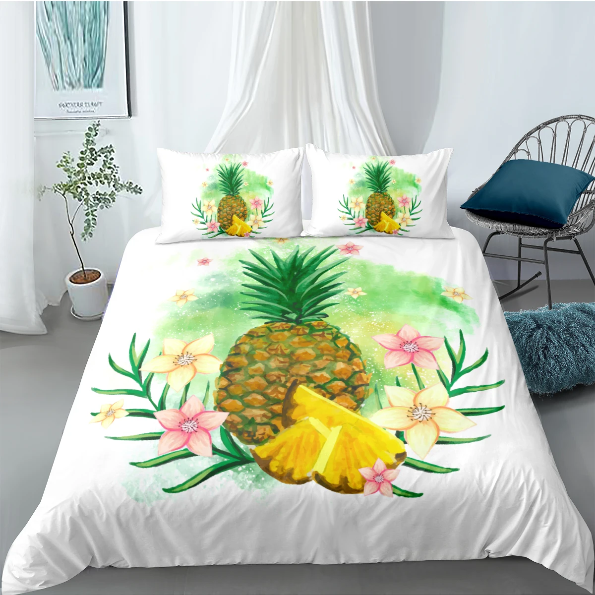 

3D White Bed Linens Modern Duvet Cover Sets and Pillow Cases Full Double Single Twin Queen Size 203*230cm Pineapple Bedclothes