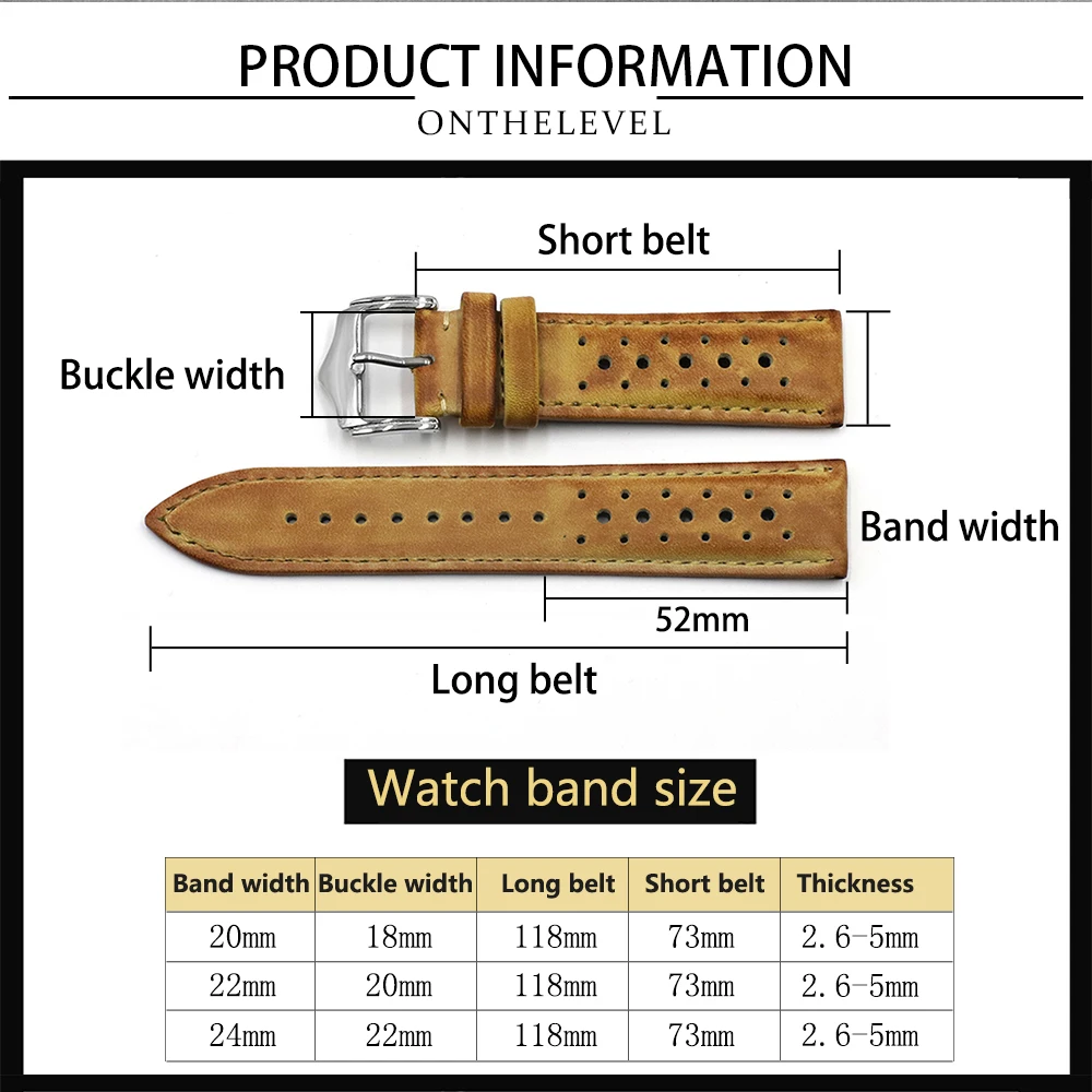 High Quality Genuine Leather Watch Band Strap 20mm 22mm 24mm Porous Breathable Handmade Stitching Watch Bracelet Accessories