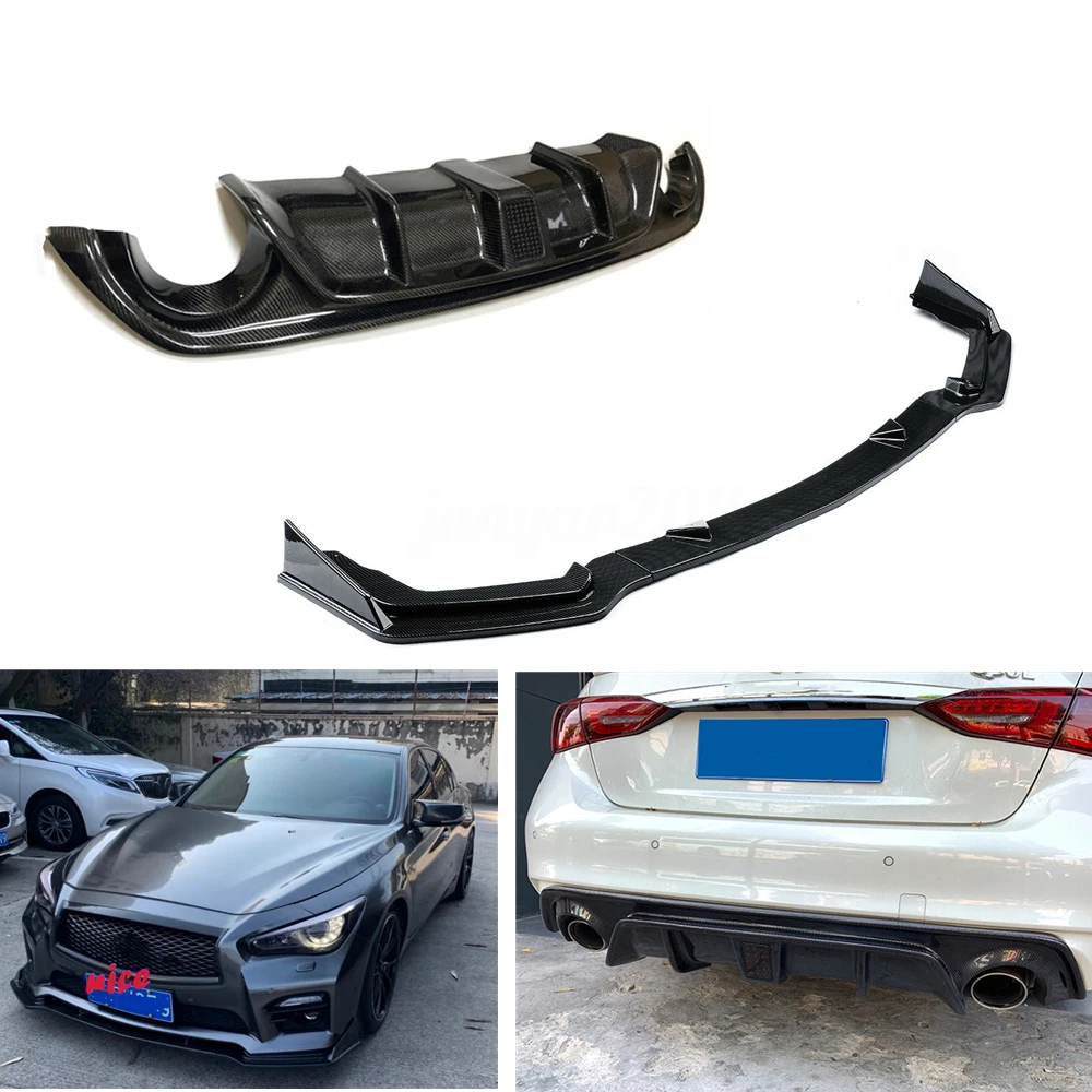 For Infiniti Q50 2014-2017 Rear Diffuser With Light+Front Bumper Spoiler Lip Carbon Fiber+ABS Car Lower Splitter Blade Brakcet