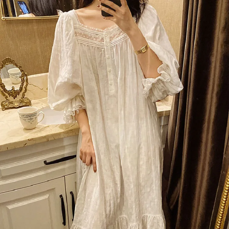 Vintage Soft  Cotton Long Nightgowns For Women Long Sleeve Elegant Nightshirts Comfortable Loose Night Dress