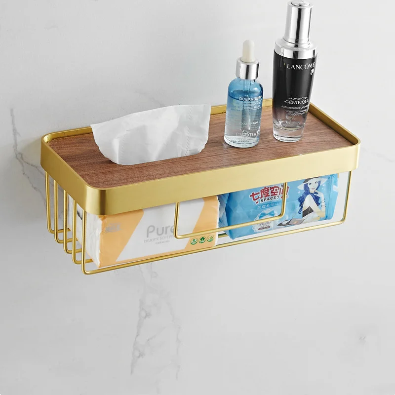 Brushed Gold Aluminum & Walnut Lid Bathroom Shelf Basket Tissue Paper Cosmetic Shampoo Storage Rack Nail Punched Wall Mounted