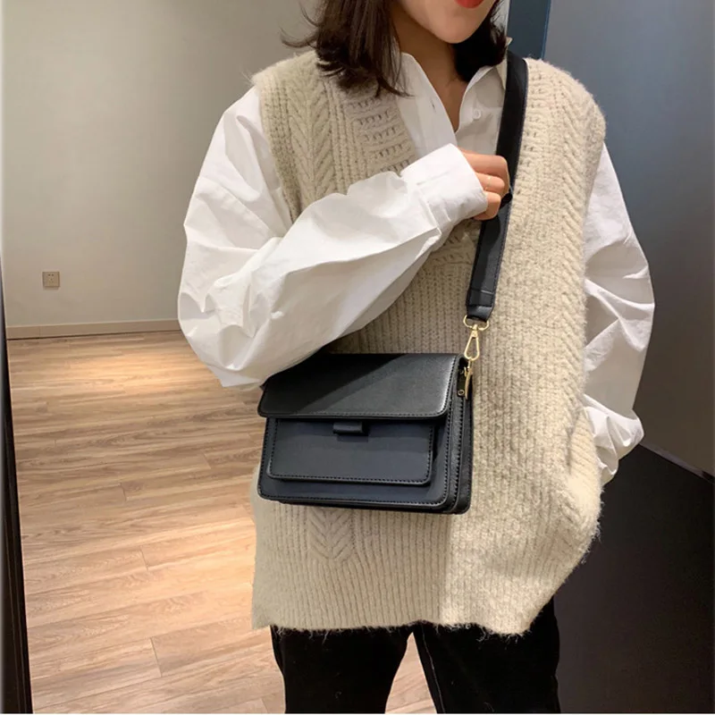 Trend solid color bag women 2019 new Korean fashion simple wide shoulder strap shoulder bag