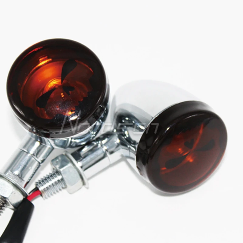 2Pcs Retro Motorcycle Skull Design Metal Chrome Motorcycle Turn Signals Lights Indicators Blinkers Flashers