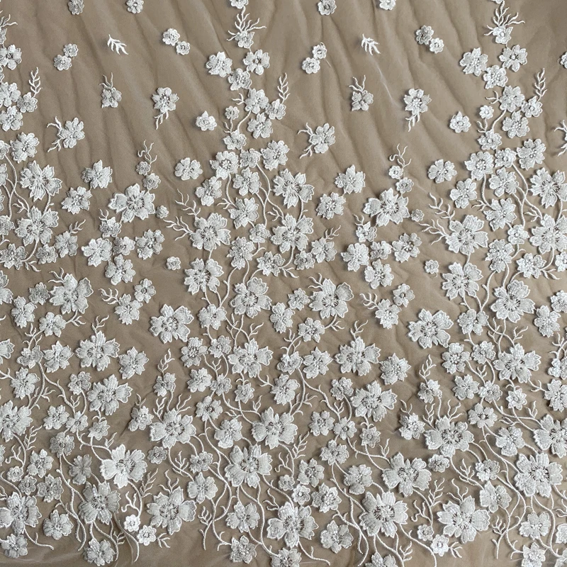 Ivory wedding lace fabric tulle mesh Allover flowers lace fabric with beads, heavy beaded lace for wedding dress, gowns