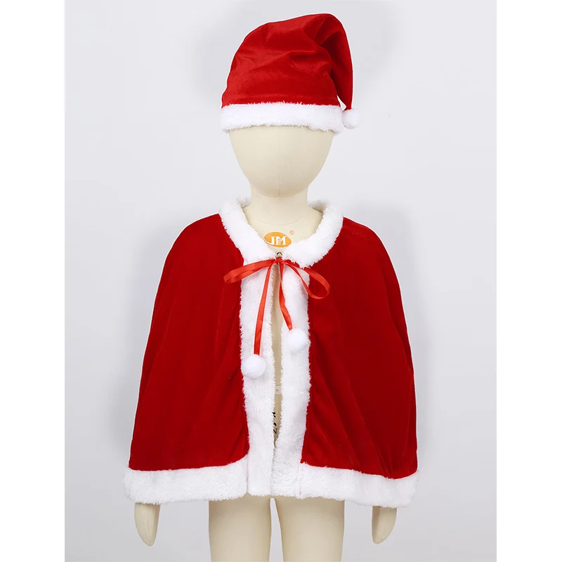 Kids or Adult Red Velvet Santa Cape Short Cloak Shawl with Christmas Hat Women Girls Xmas Costume Cosplay Outfit Accessories