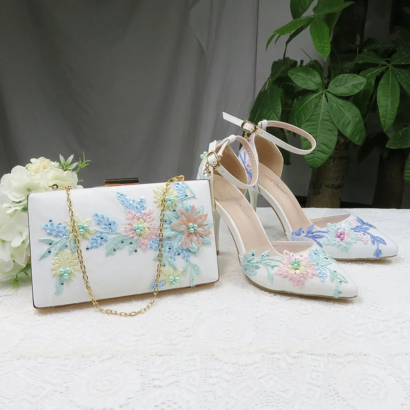 2020 New Summer Mint  green Flower wedding shoes with matching bags High heels Pointed Toe Ankle Strap Party shoe and bag set