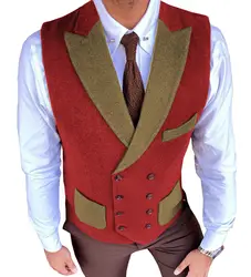 Men's Vest Army Green Vintage Herringbone Wool Male Gentleman Business Waistcoat Double Breasted For Wedding Dress Vest 2022