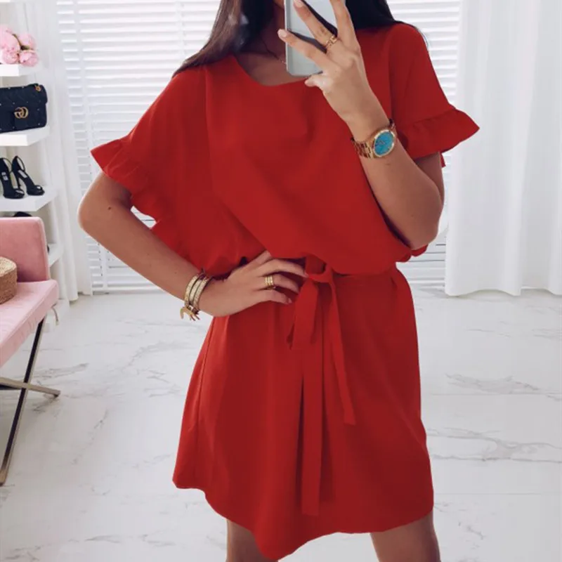 Summer Polyester Women\'s Dress Round Collar Short Sleeve Pullover Loose Sashes Solid Fashion Office Lady Dress