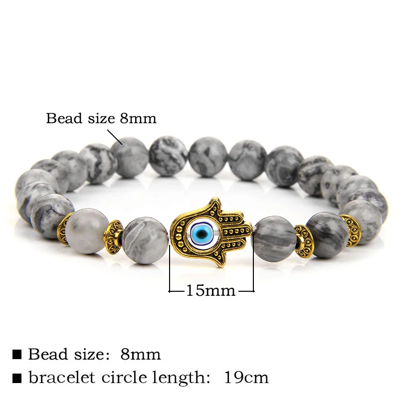 Natural Stone Men Bracelet Fashion Beaded Charm Bracelets Fatima hand Evil Eye Amulet Yoga Bangle For Men Women Lucky Jewelry