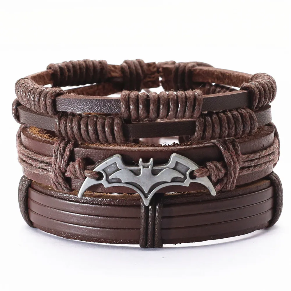 New 3 Pcs/set Brown Black Genuine Leather Bracelets Guitar Cross Bat Charm Men Bangles Women Homme Casual Gift Jewelry