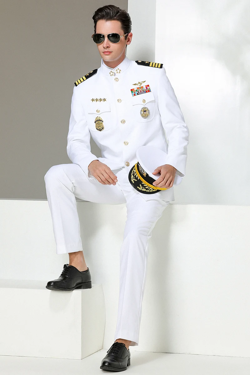 Aviation Pilots Classic White Shirt Handsome Shirts Suit Male Officer Dress Ship Captain Sailor Costume Colonel Suits Uniform