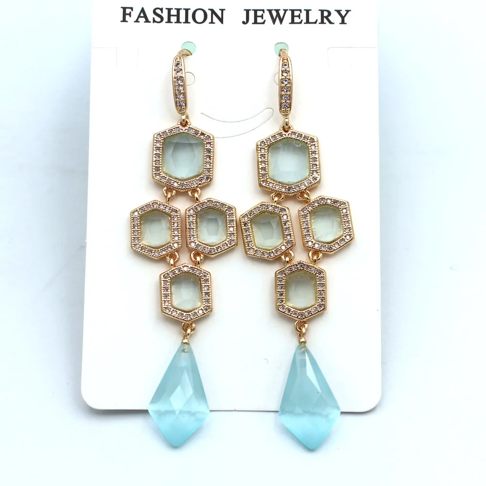 1pair CZ Paved Earring Faceted Blue Green Pink Cats Eye Stone Long Dangle Drops Hook Earrings for Women Lady Fashion Jewelry