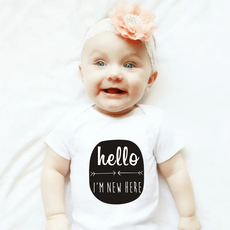 

Newborn Infant Toddler Short Sleeve Bodysuit Baby Boy Girl Hello I' M New Here Print Bodysuit Jumpsuit Outfits Summer Clothes