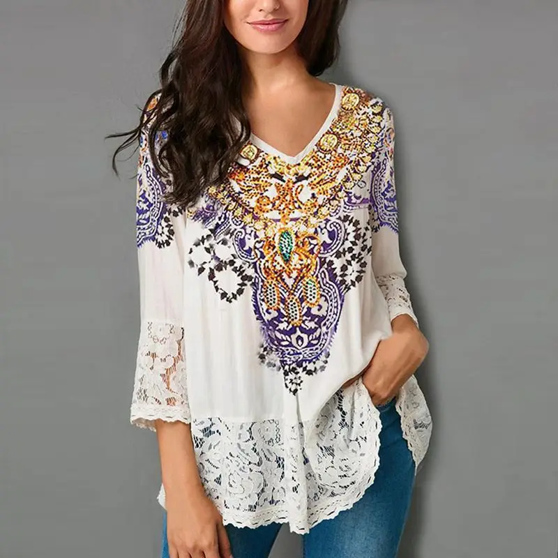 

Summer New Fashion T-Shirt 7XL 6XL 5XL Bust 130CM Fashion Ladies Bohemian V-Neck Lace Patchwork Print T-Shirt