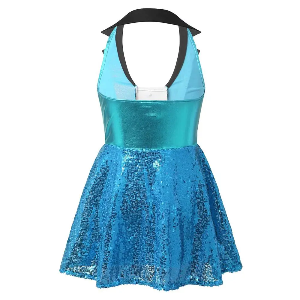 Kids Girls Jazz Dance Dress Shiny Sequins Halter Lapel Neck Ballet Gymnastics Dress Children Stage Performance Tap Dance Costume