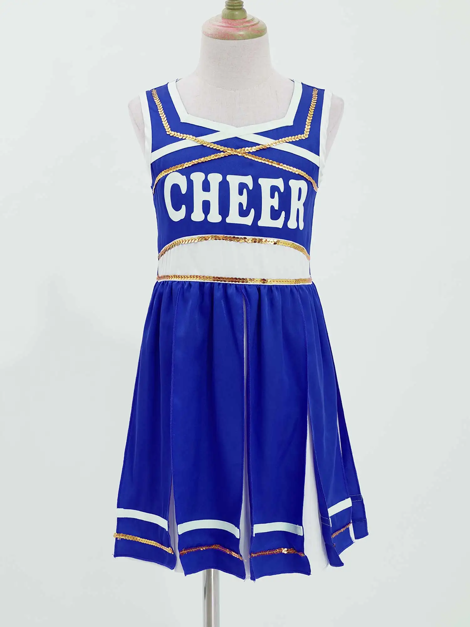 Kids Girls Cheerleading Uniform Sleeveless Letter Print Crisscross Front Sequins Decorated Invisible Zipper Back Patchwork Dance