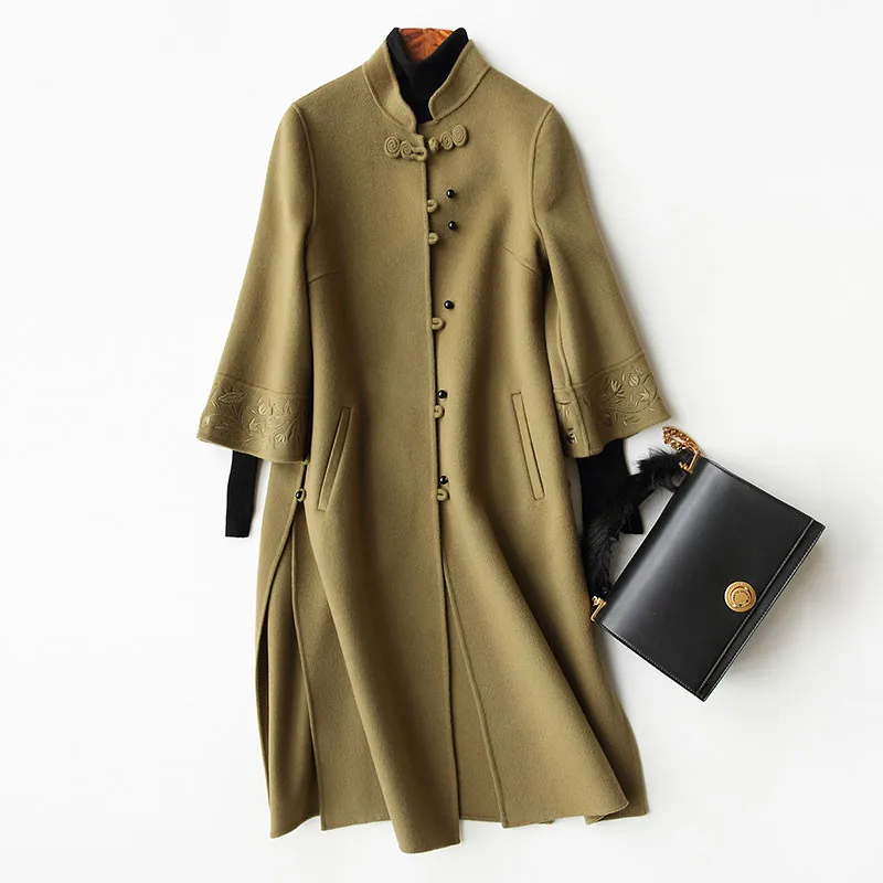 

4040 New Winter 300% Wool Coat Women Chinese Style Embroidery Wool Coat Female Long Autumn Jackets casacos 37307 WYQ3354