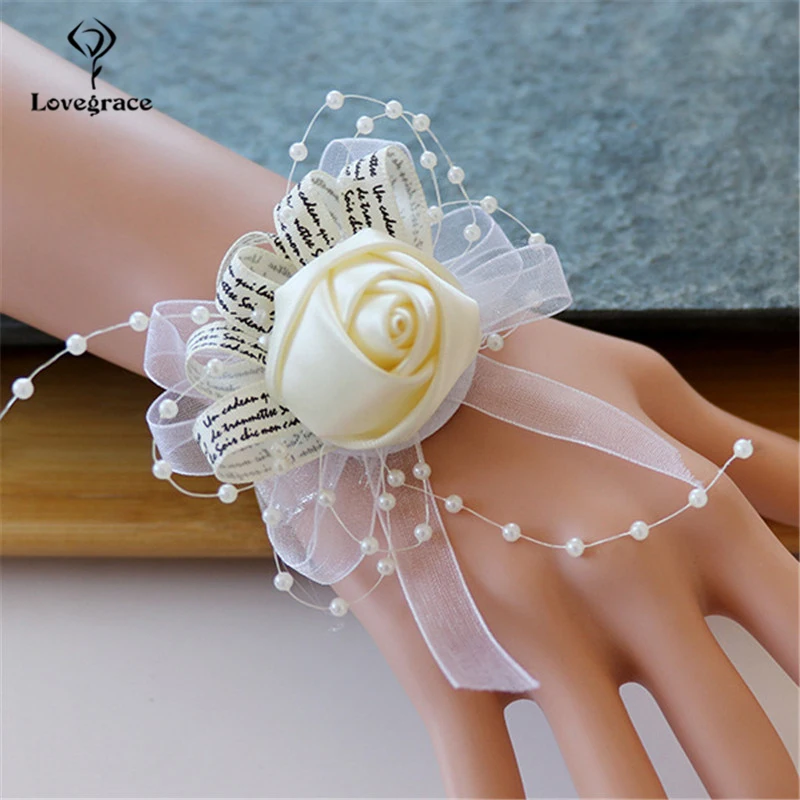 Lovegrace pulso corsage menina pulseira dama de honra casamento flor rosa corsage pulseira artesanal de seda rosa flor casamento corsages