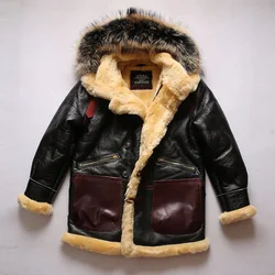 B7 Avfly European Size High Quality Super Warm Genuine Sheep Leather Coat Mens Big B3 Shearling Bomber Military Fur Jacket