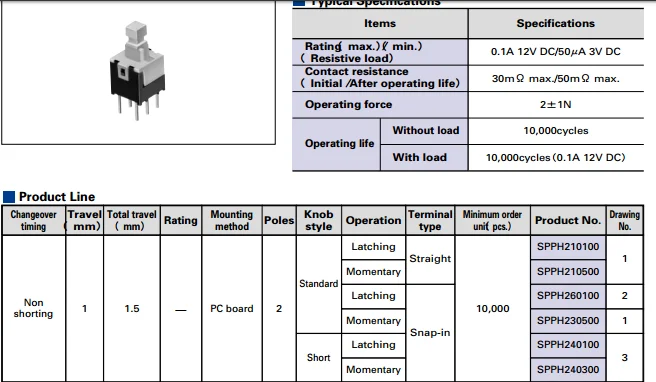 Original new 100% SPPH210500 light touch switch 6*6MM self spring switch double row 6pin tower reset button