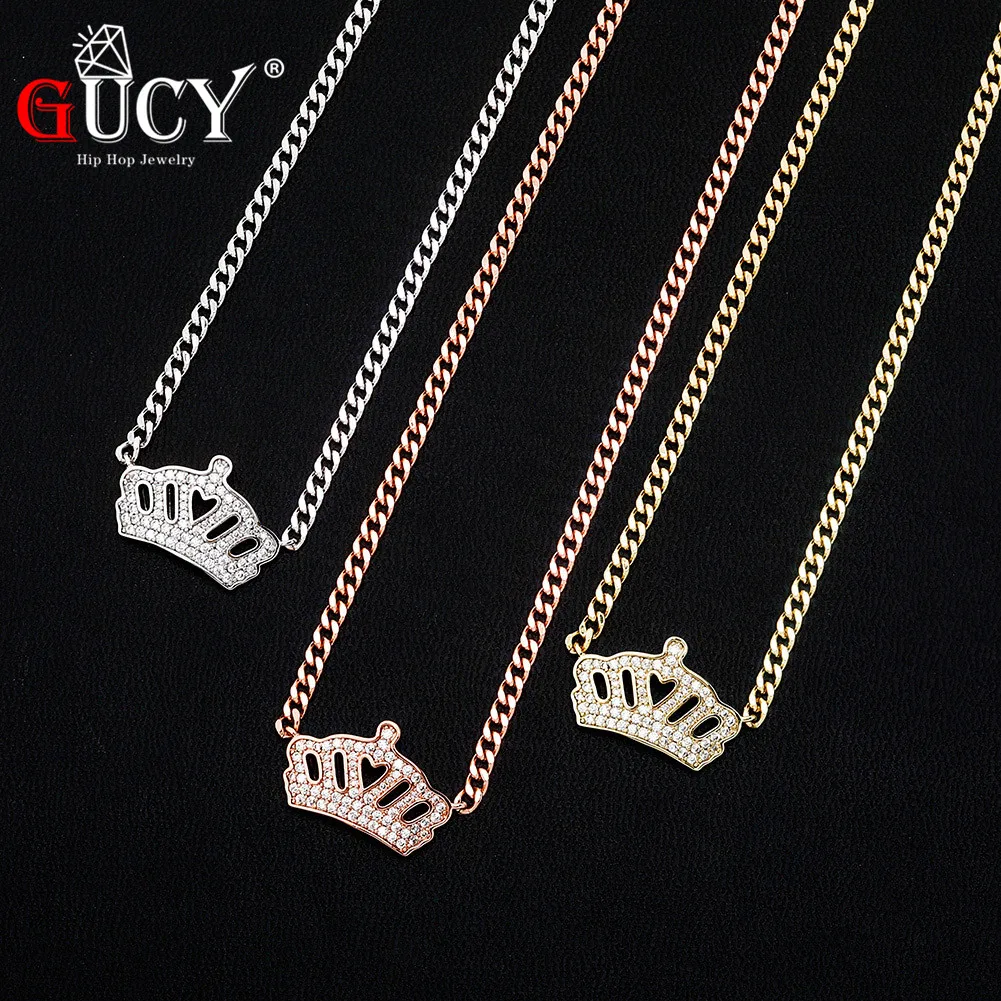 GUCY Fashion Crown Necklace With 2 inch Tail Chain Iced Out Micro Pave CZ Women's Necklace Hip Hop  Jewelry For Gift