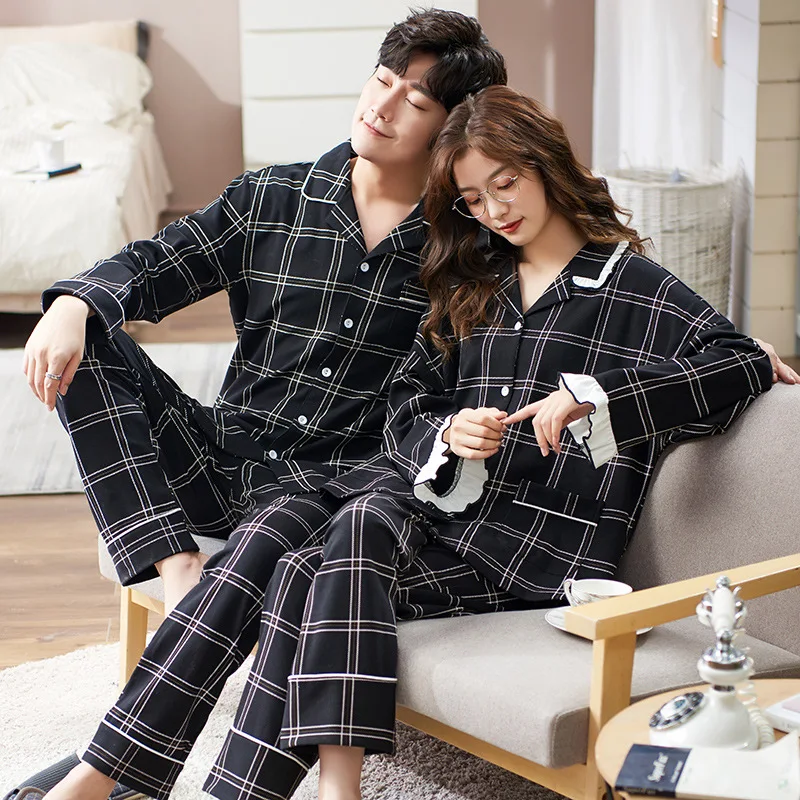 Novelty Couple 2PCS Pajamas Set Autumn Winter Cotton Plaid Pyjamas Women& Men Pajamas Long Sleeve Sleepwear Lounge Pijama