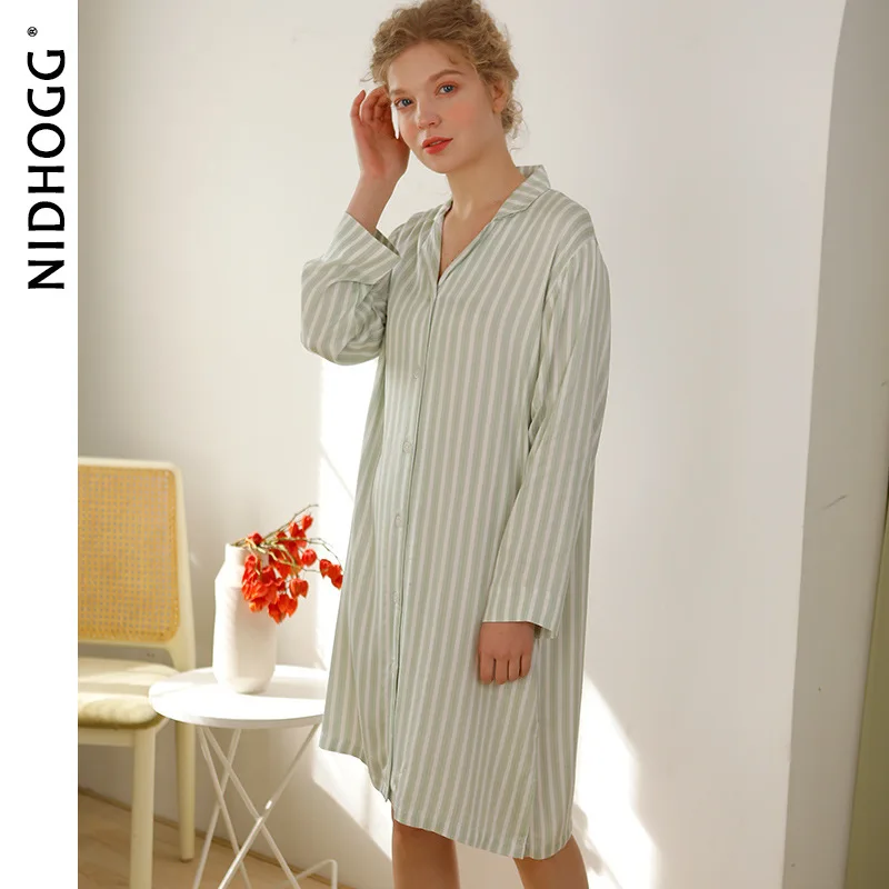 Spring Satin Nightgowns Long Sleeve Women Sleepwear Viscose Green Striped Sleepshirts Night Dress Sexy Sleep Tops Comfortable