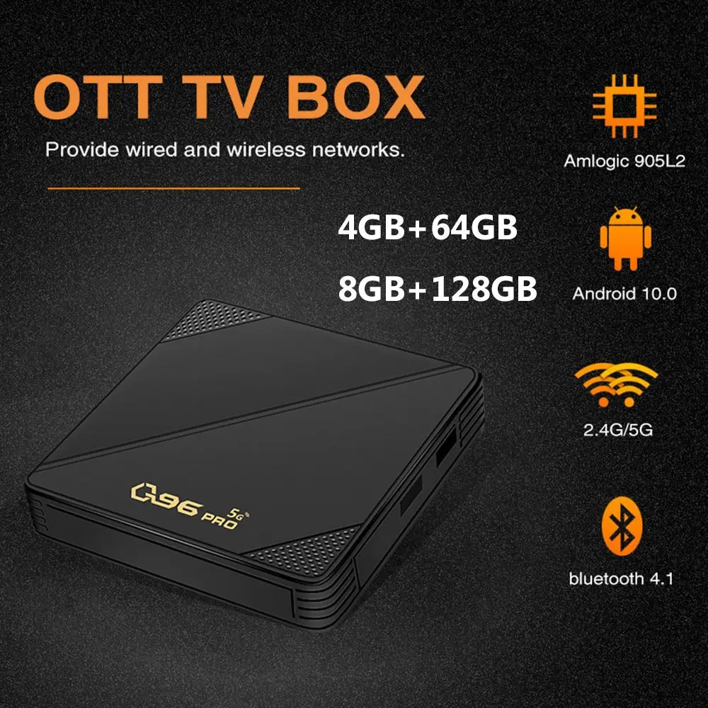 Q96PRO Smart TV Box Android 10.0 Amlogic S905L Quad Core 2.4G/5G Dual WIFI Bluetooth 4K Set Top Box 8GB+128GB Media Player H.265