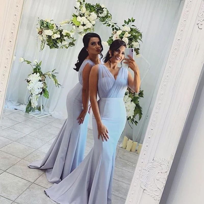 Sexy Mermaid Long Evening Dresses V-neck Light Blue Satin Women Prom Party Wear Vestidos Formal Gowns Customized Robe De Soriee