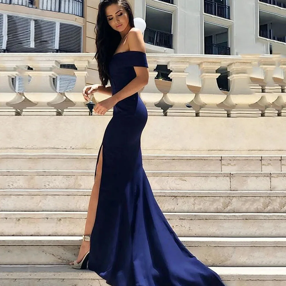 

Elegant Mermaid Evening Dresses Long Luxury 2023 Off Shoulder Dark Blue Prom Party Gown Side Split Robe De Soiree De Mariage