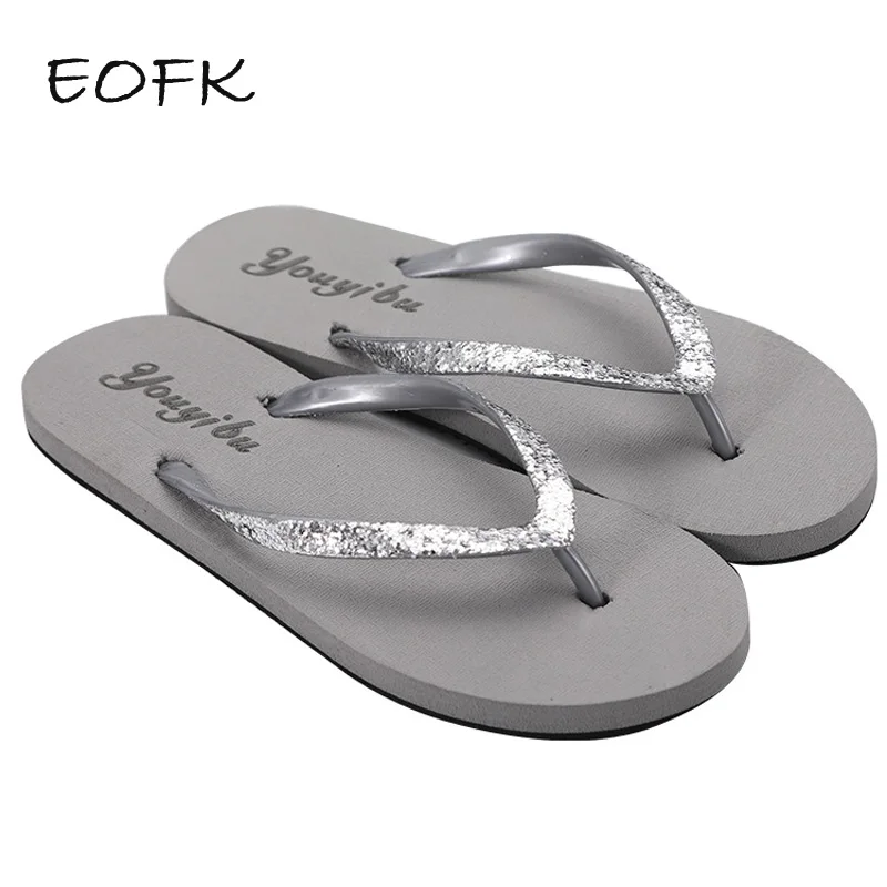 EOFK Women Flip Flops Summer New Outside Slippers EVA Soft Casual Shinny Glitter Ladies Candy Colors Beach Flat with Solid