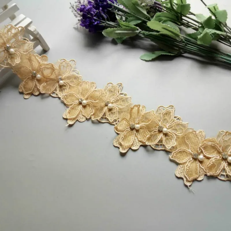 2 yards Gold Pearl Flower Handmade Beaded Embroidered Net Lace Trim Ribbon Double Layered Applique Dress DIY Sewing Craft