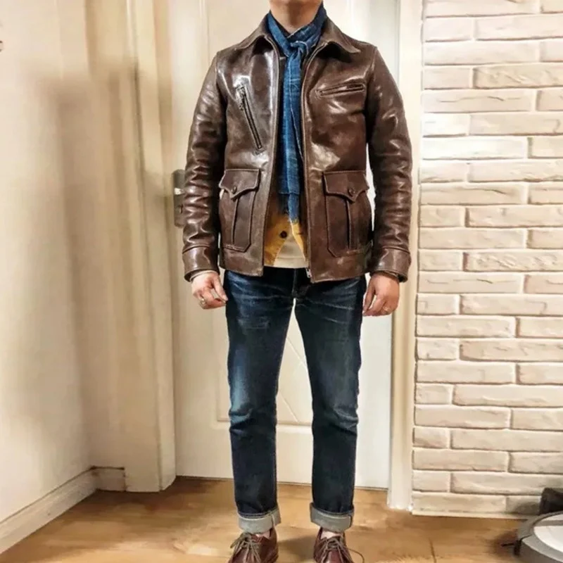 New 2022 Mens Tops Horsehide Casual Biker Jacket Japanese Vintage Slim Fit Genuine Leather Coat Fashion Zipper Bomber Jacket