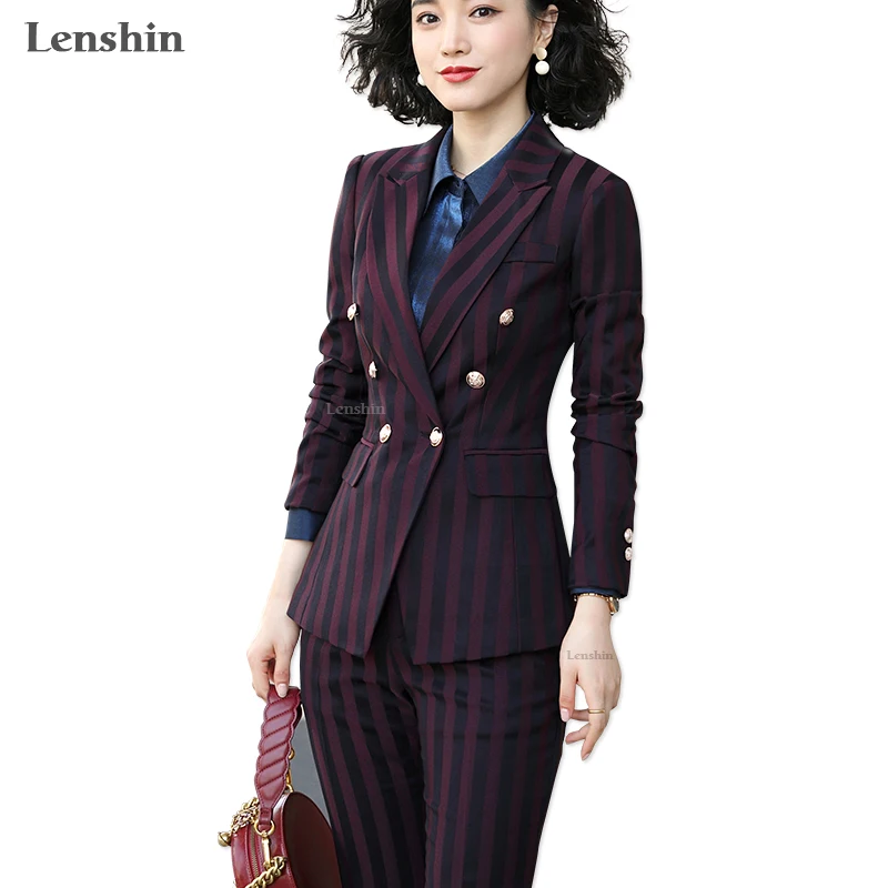 Lenshin High Quality 2 Piece Set Striped Formal Pant Suit Blazer Office Lady Designs Women Business Jacket and Ankle-Length Pant