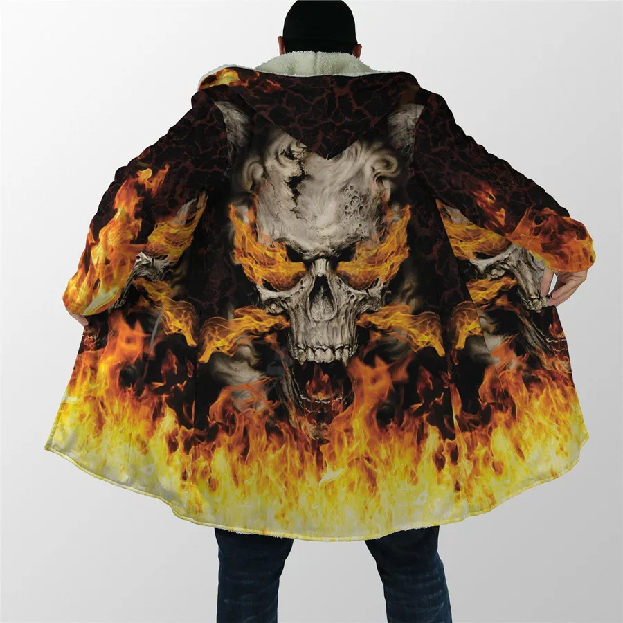 

Winter Men For Women Skulls On Fire Coat Cloak 3D Printed Cloak Fleece Wind breaker Warm Hood Cloak