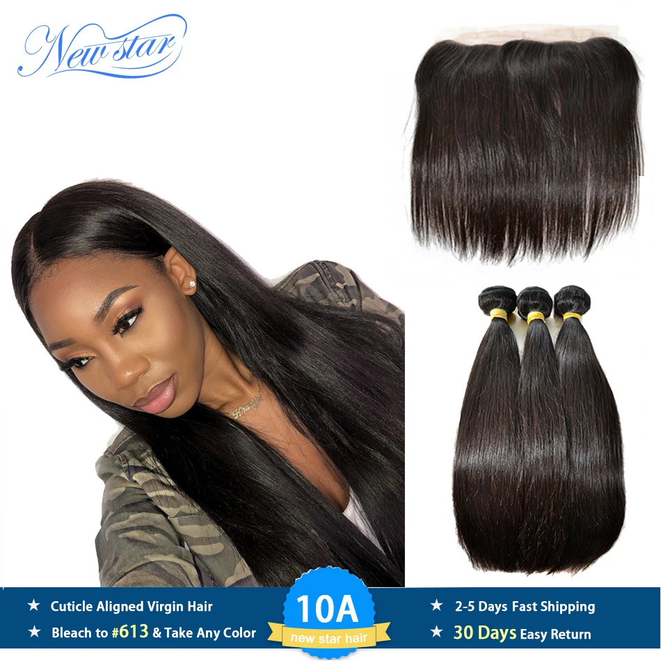 

Brazilian Straight Virgin Hair Pre Plucked 13x4 Lace Frontal Closure With 3 Bundles Thick Hair Weaving Unprocessed New Star Hair