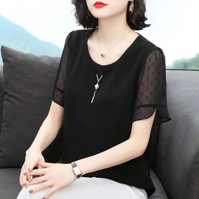 Women Spring Summer Style Chiffon Blouses Shirts Lady Casual Short Sleeve O-Neck Chiffon Blusas Tops SP305