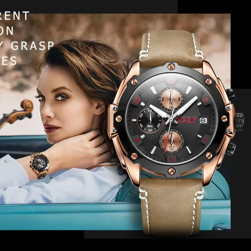 MEGIR 2074 Couple Watch Fashion Waterproof Quartz Leather Chronograph Men Watches Sport Women Wristwatch Relogio Feminino