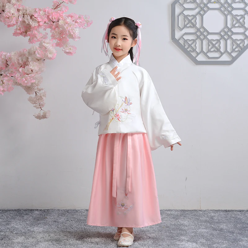 

2PCS Embroidery Wedding Party Long Dress Flower Girl Chinese Style Princess Party First Banquet Campus Graduation Ball Dress