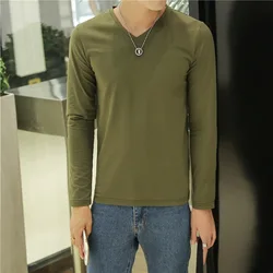 2026 MRMT Mens T Shirts Pure Color V Neck Long Sleeved T-Shirt for Male Thin Material Tee Shirt Men Clothing Tees