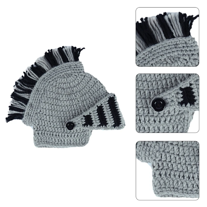 Unisex Funny Chunky Knit Roman Knight Helmet Hat Contrast Color Tassel Barbarian Earflap Beanie Skull Cap with Face Mask