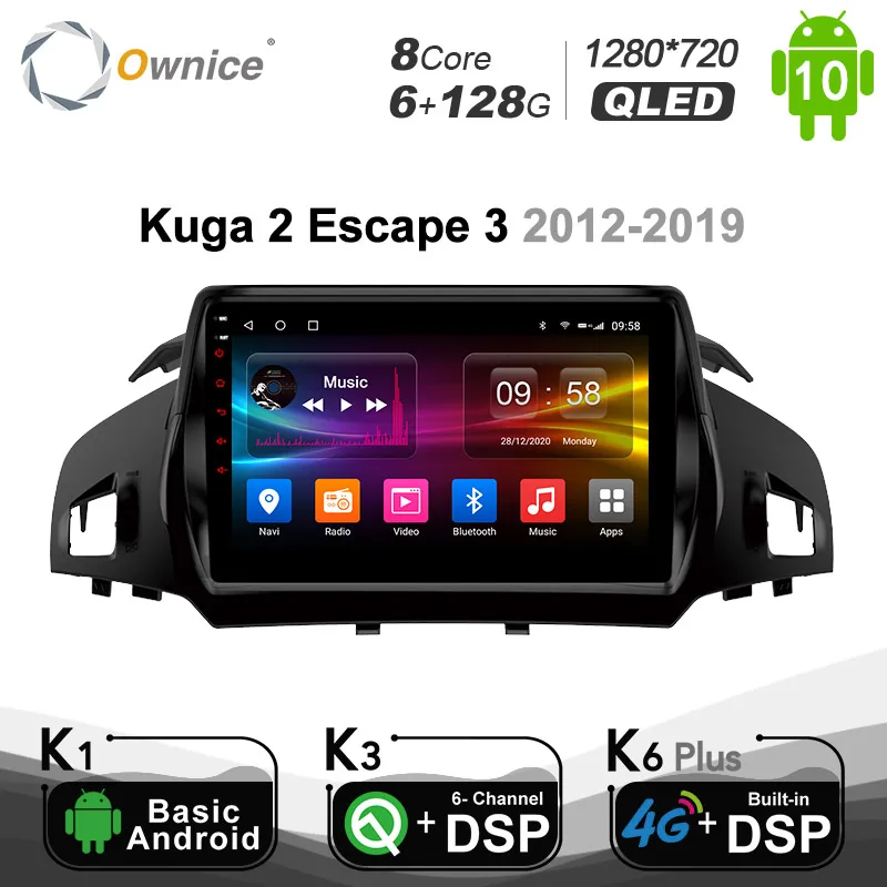 مُقيّم شامل لجهاز تشغيل وسائط سيارة 10.0 بوصة 2 دين مع نظام Android 10.0 ودعم 4G LTE لسيارات فورد كوجا وإسكييب 2-3