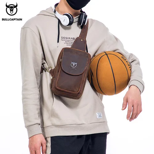 Imagen 2 del producto BULLCAPTAIN, bolsos cruzados para hombre, bolso de pecho de cuero Crazy Horse, bolsos cruzados de cuero para hombre, bolso de viaje corto con bolsillo con cremallera Retro para hombre