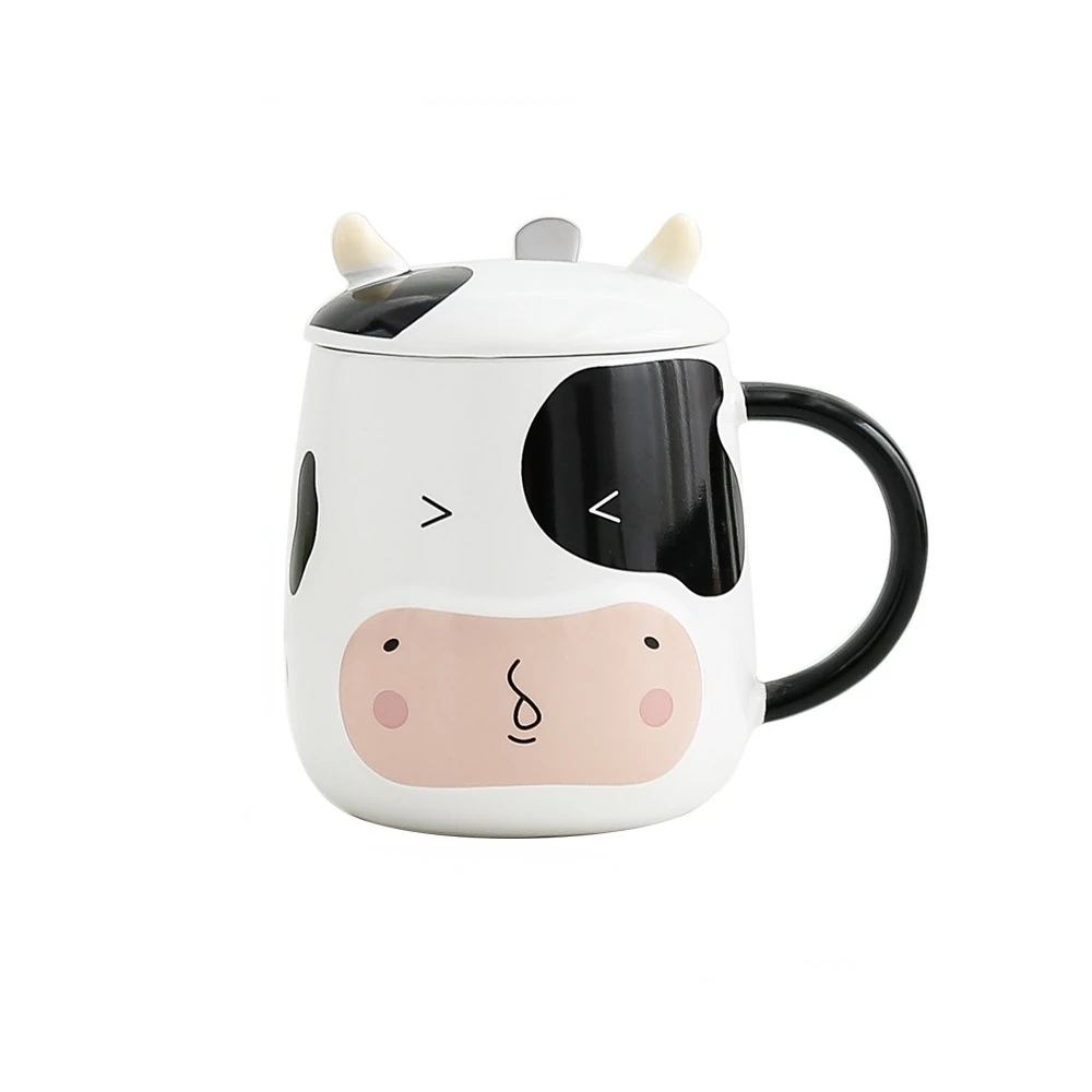 Cow Mug Porcelain Bottle with Lid Stainless Steel Spoon Relief Sculpture of Cute Animals Safe Cup Can Be Filled with Hot Water