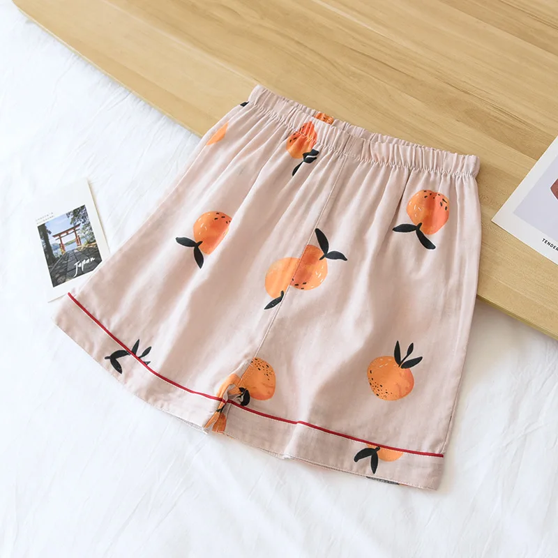 Summer 100% Cotton Home Pants Womens Shorts Gauze Pajamas Loose Soft Comfortable Sleep Bottoms Elastic Waist Print Sleepwear